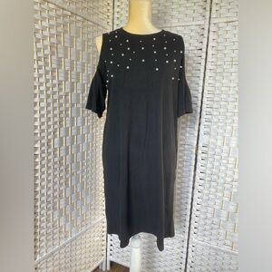 NWT Hem & Thread Cold Shoulder Pearl Trimmed Brushed Rib Dress MIDI Black